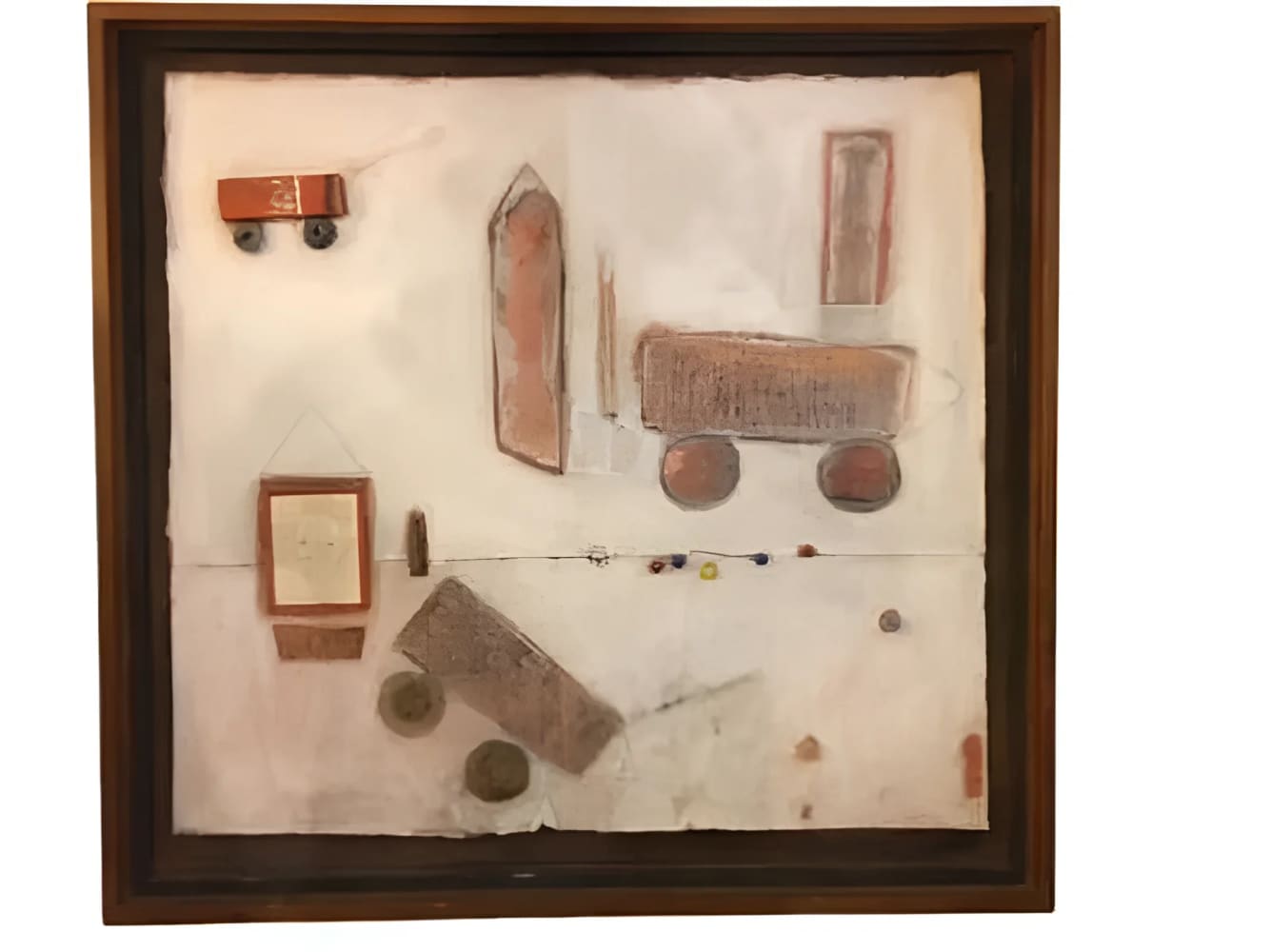 Abstract mixed-media artwork in a wooden frame.