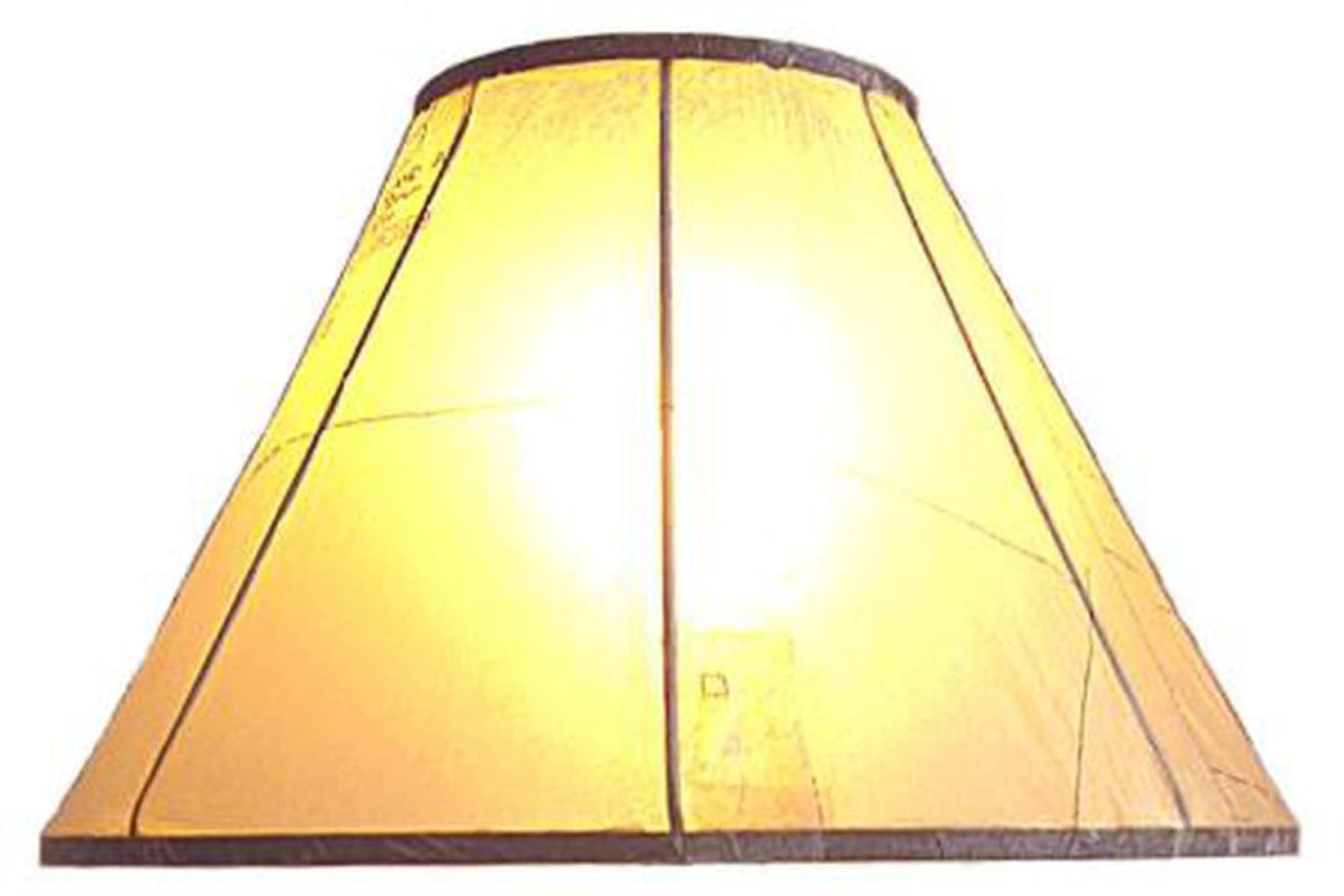 Illuminated yellow lampshade with dark trim.