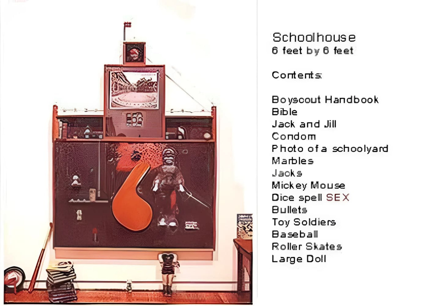 Schoolhouse-themed art installation.
