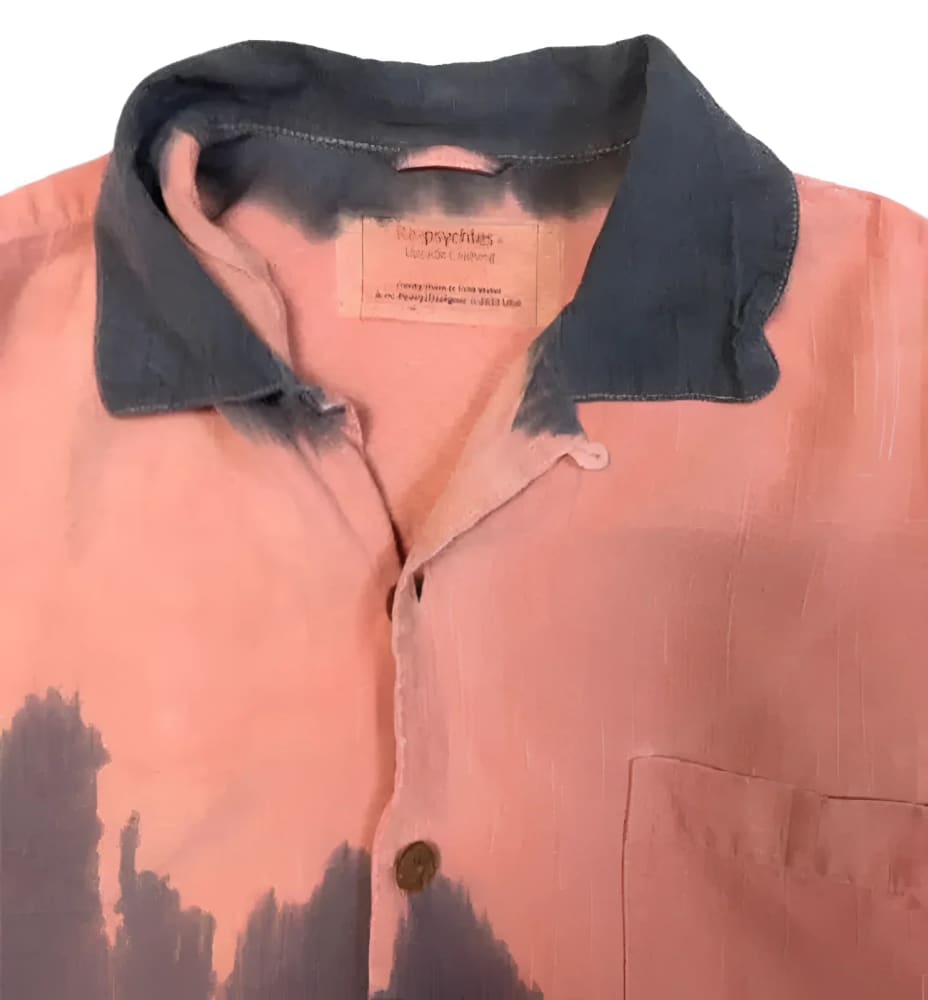 Pink and gray tie-dye button-down shirt.