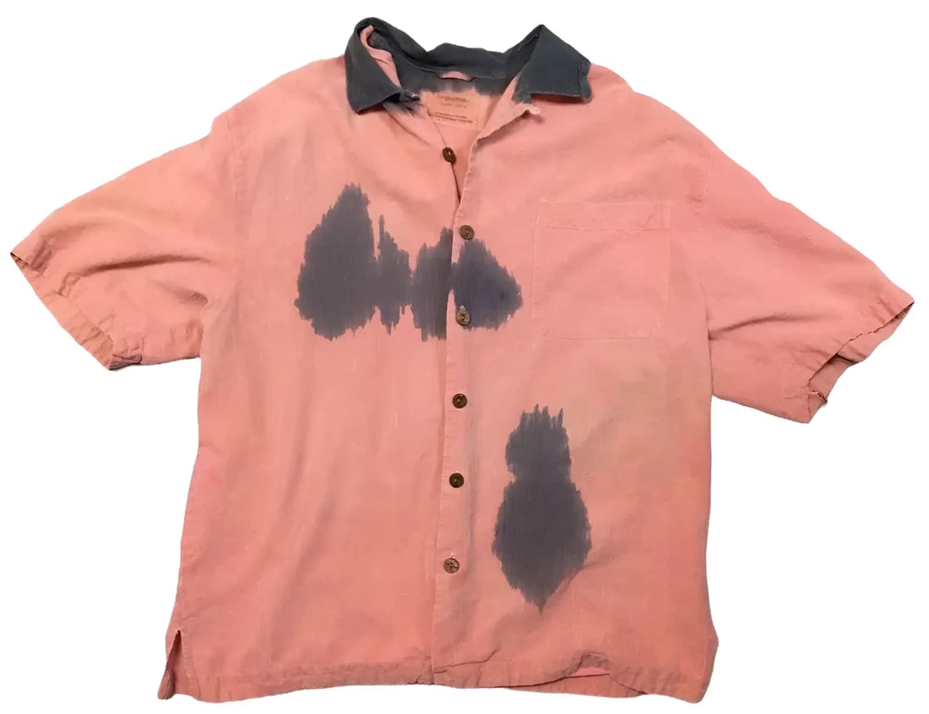 Stained pink button-down shirt.