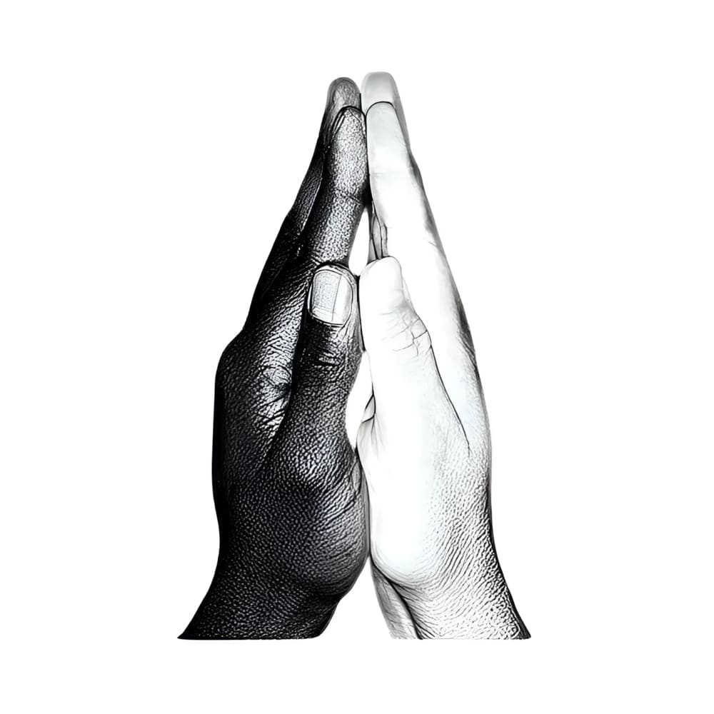 Two hands, one black and one white, pressed together in a praying gesture.