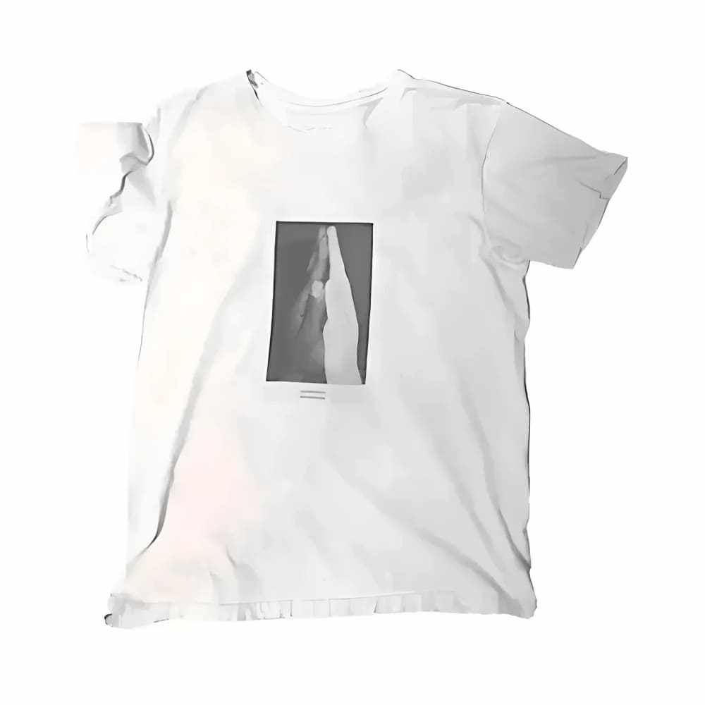 White Prayer T-shirt by h.m. Peavy featuring a digital print of hands in prayer, symbolizing unity and racial equality.