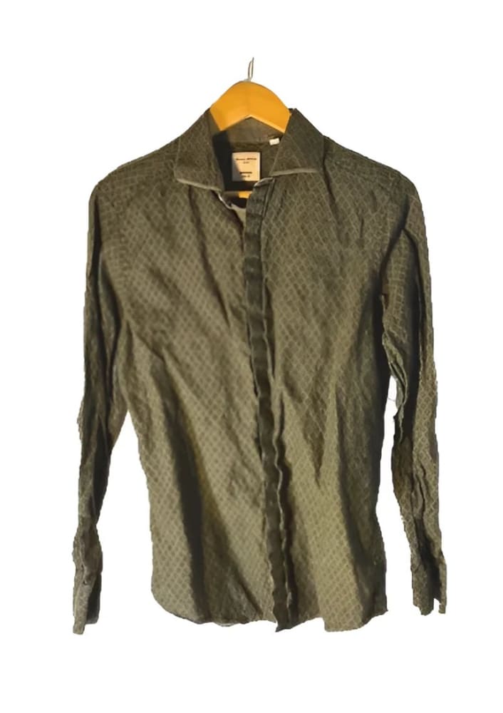 A men’s olive green long-sleeve button-down shirt with a subtle diamond pattern.