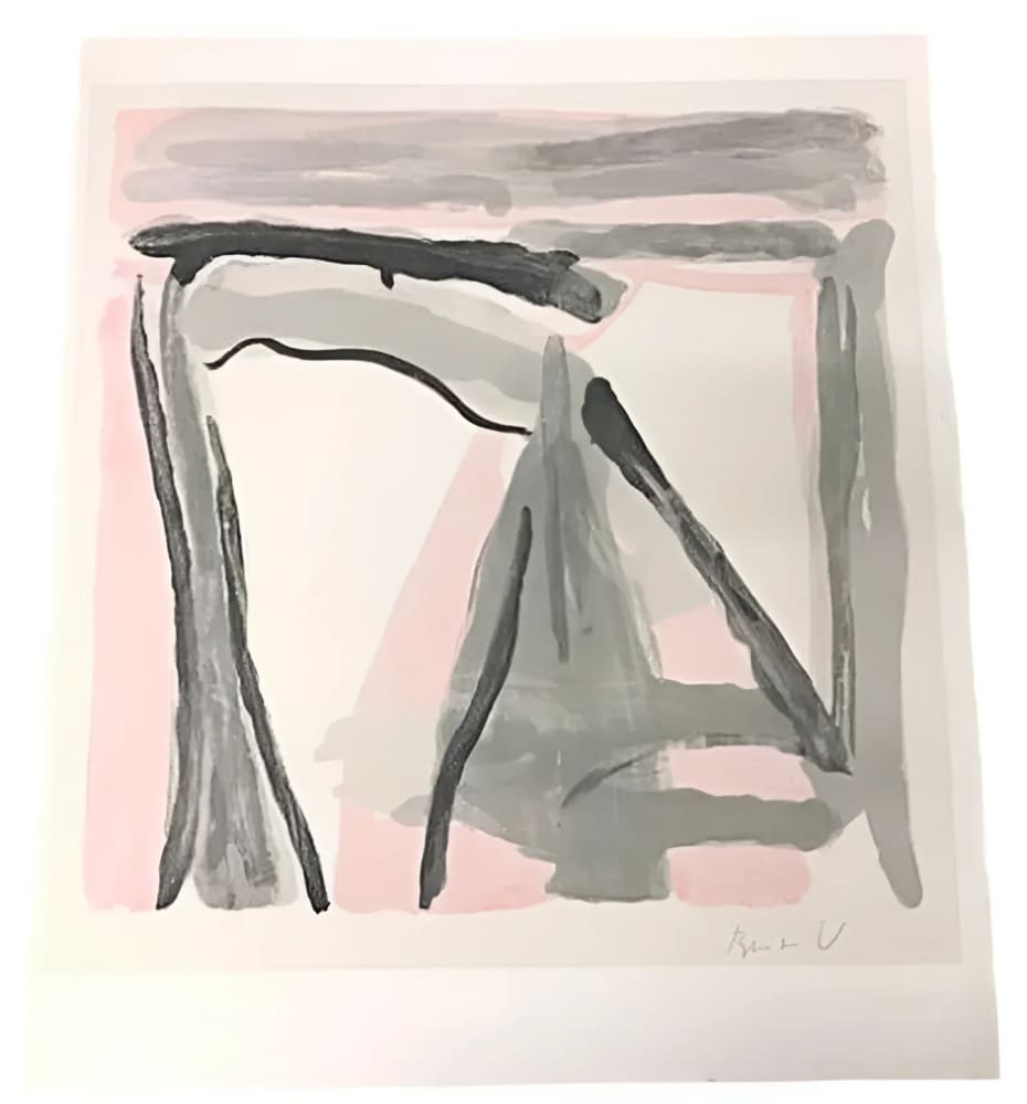 Abstract gray and pink painting.