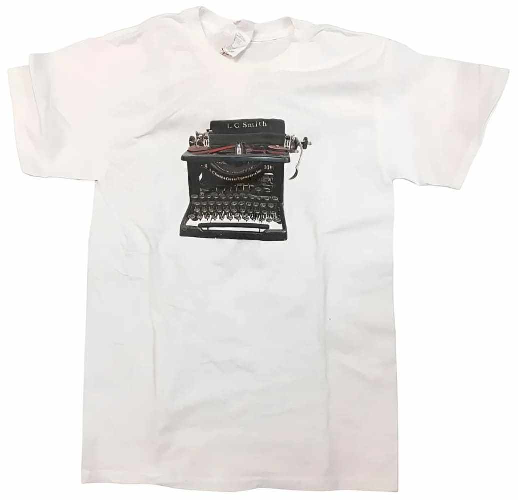 White t-shirt featuring vintage L.C. Smith typewriter graphic by h.m. Peavy