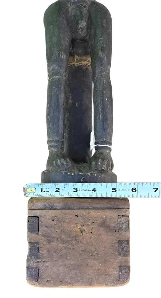 Antique Baule Blolo Bian male wood statue from Ivory Coast on wooden box with measuring tape
