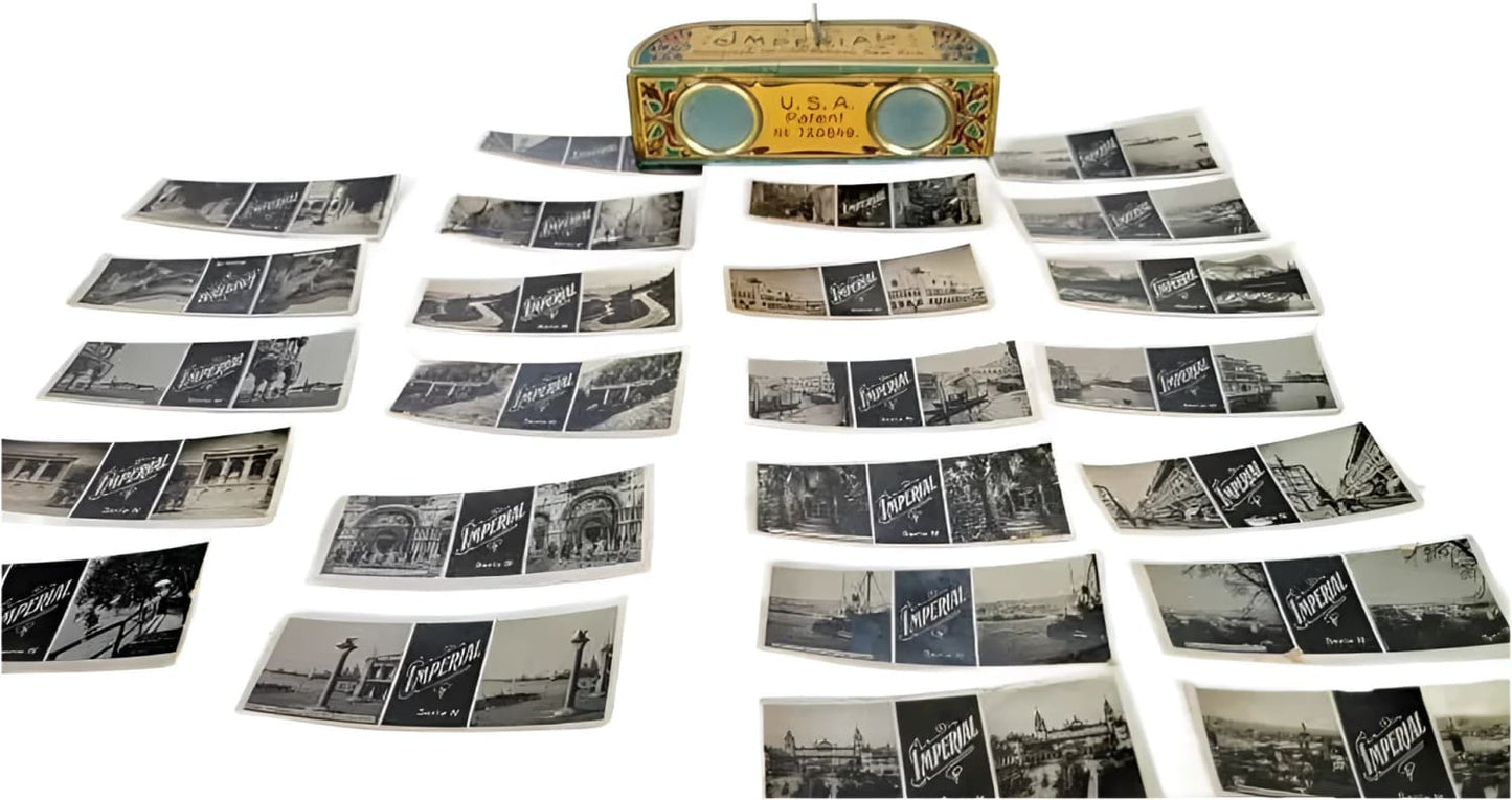 An antique stereoscope viewer with numerous black and white film strips.