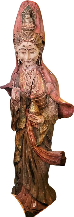 Antique Guan Yin Buddhist Goddess of Mercy Wood Carving Statue