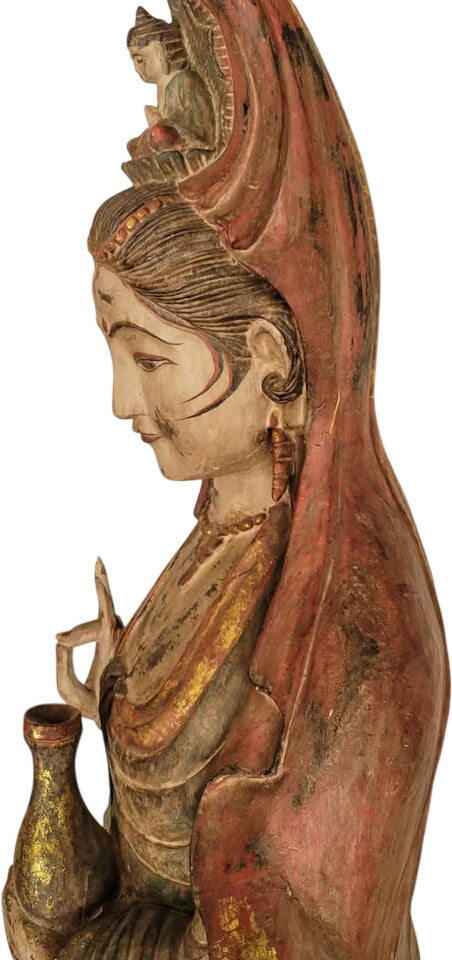 Antique Guan Yin Buddhist Goddess of Mercy Wood Carving Statue