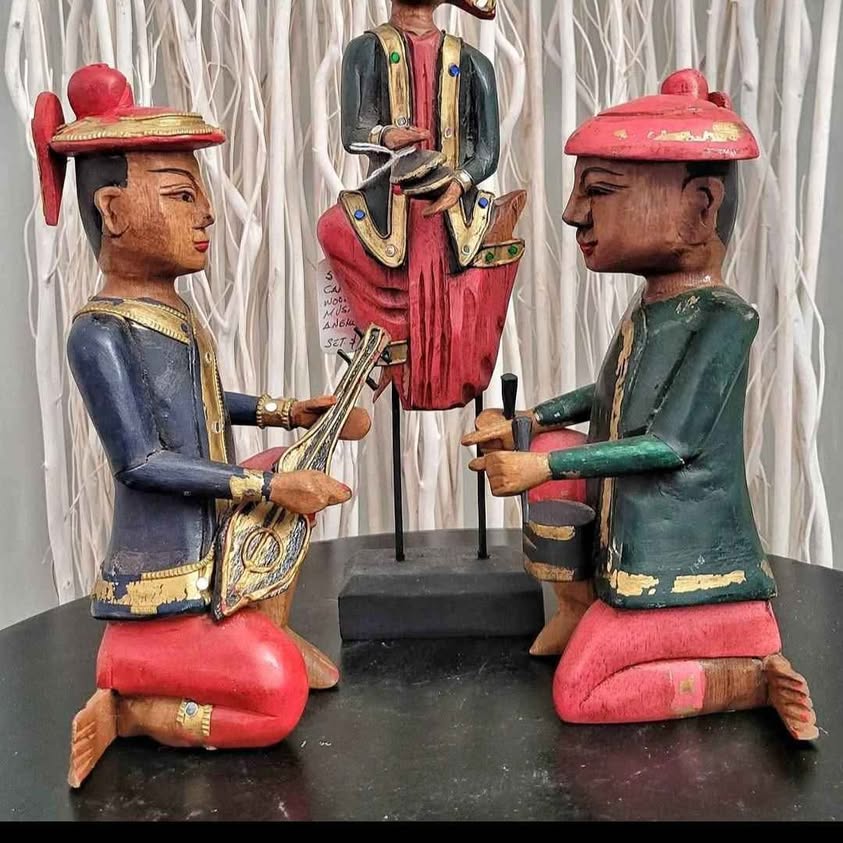 Hand Carved Painted Burnese Musicians M Set of 3 sculptures.