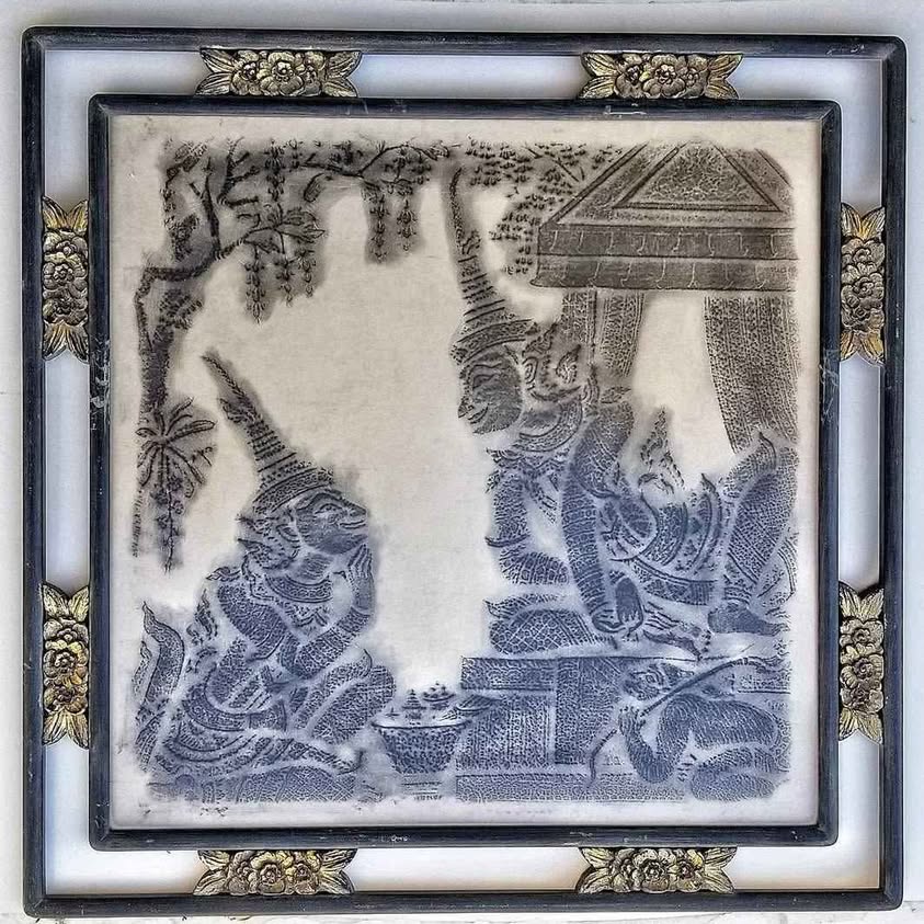 Genuine antique framed pair of rubbings made directly from ANGKOR WAT Temple Siam Thai Kingdom.