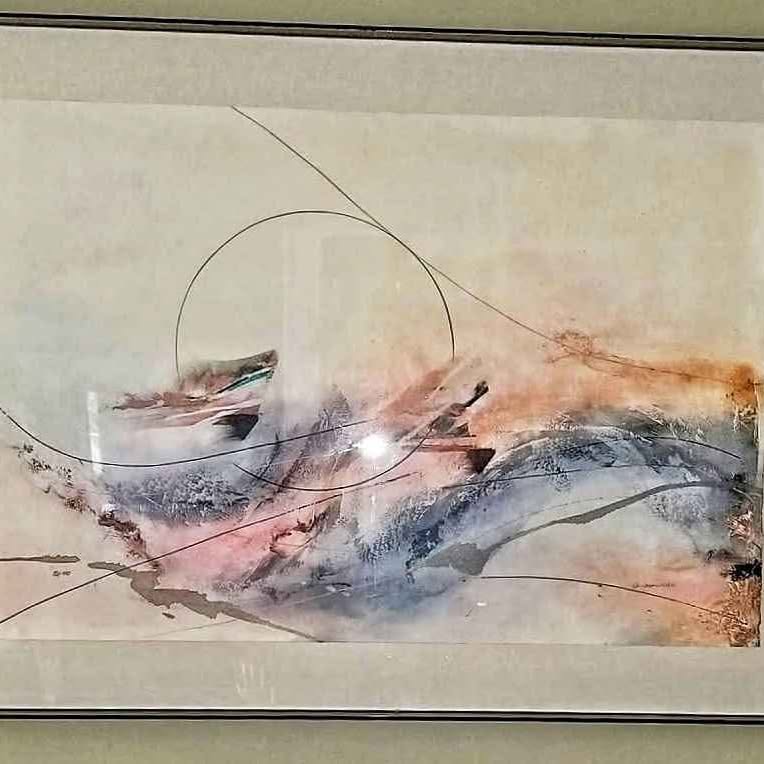 CHRISTOPHER WELCH Abstract serigraphy/monotype mounted floated incased in Lucite box. Signed,1988