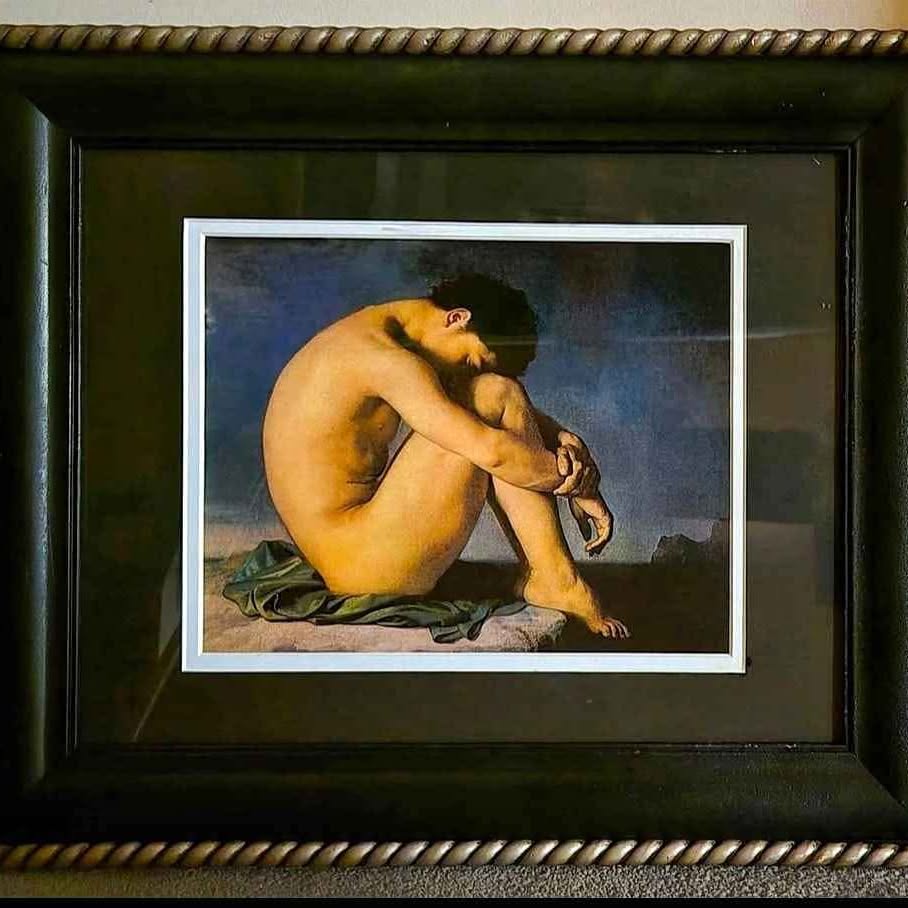 "YOUNG MALE NUDE SEATED BESIDE THE SEA" BY HIPPOLYTE FLANDRIN 1837. High quality print
