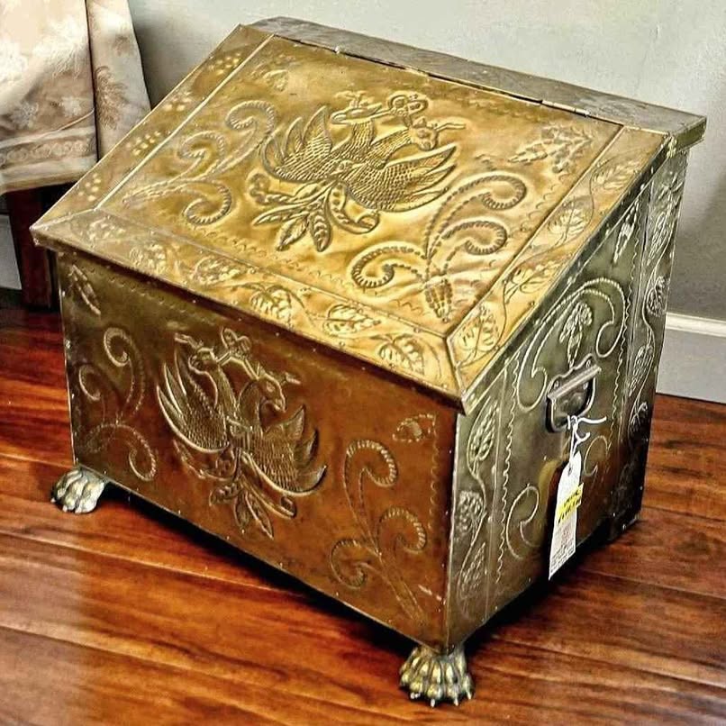 OLD COAL BOX CLEAN, NEVER USED, WRAPPED IN EMBOSSED BRASS WITH DOUBLE HEAD EAGLE SHIELDS.