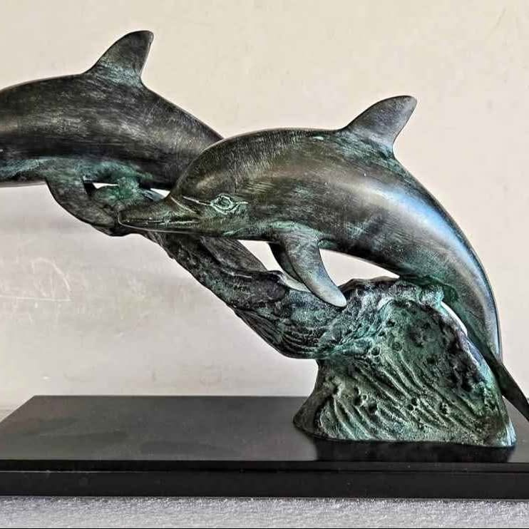 Vintage Modern Hollow-Cast Marine/Nautic -Life Figural Bronze Sculpture. DOLPHINS COUPLE