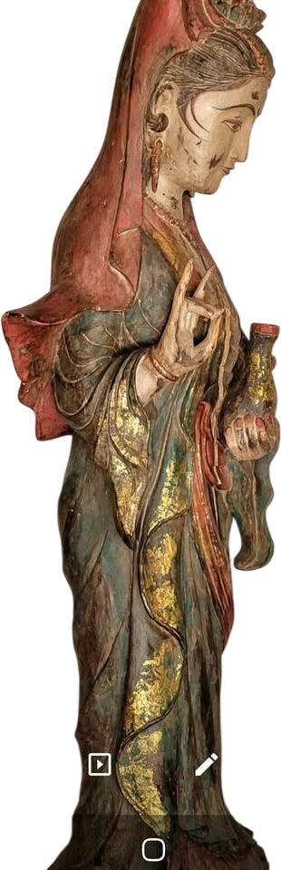 Antique Guan Yin Buddhist Goddess of Mercy Wood Carving Statue