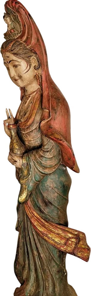 Antique Guan Yin Buddhist Goddess of Mercy Wood Carving Statue