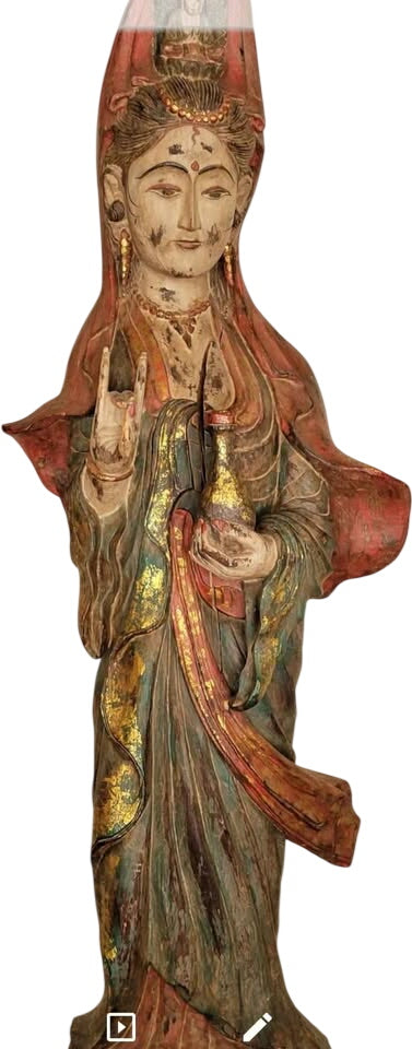 Antique Guan Yin Buddhist Goddess of Mercy Wood Carving Statue
