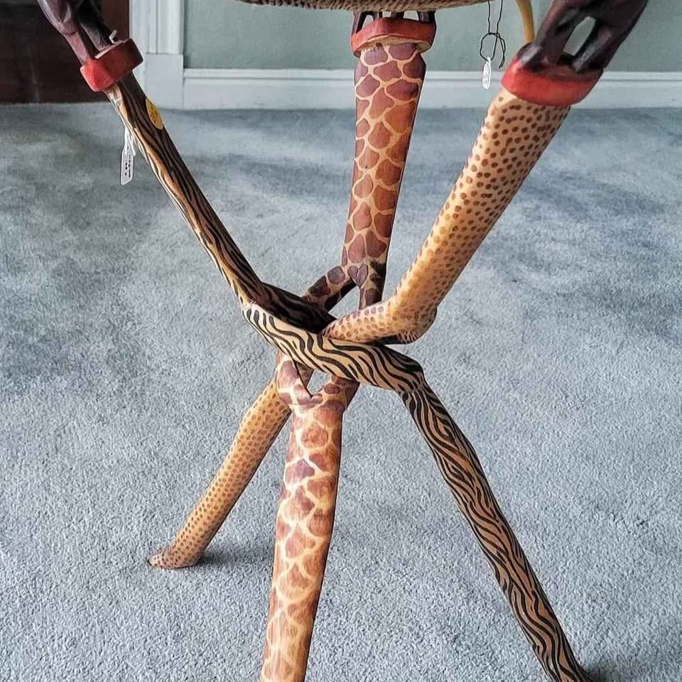 INTERLOCKED AFRICAN. HANDMADE TRIPOD WITH ELEPHANTS IN ONE PIECE OF CARVED WOOD