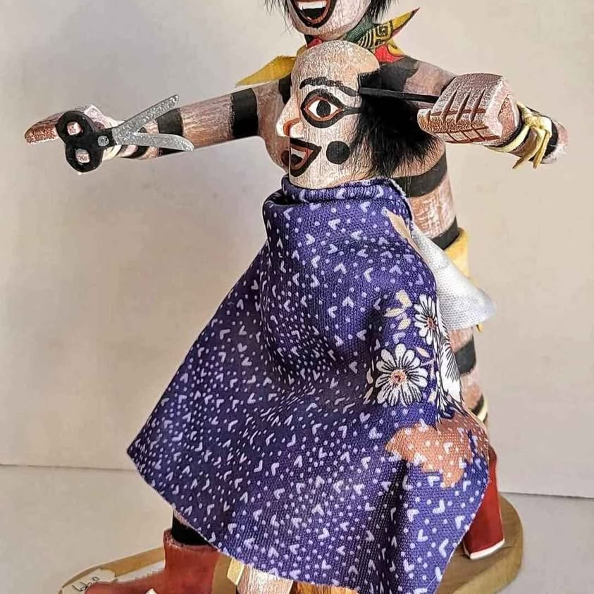 Hand made Navajo Clowns in barber shop...hilarious vintage signed wood carving by Begay