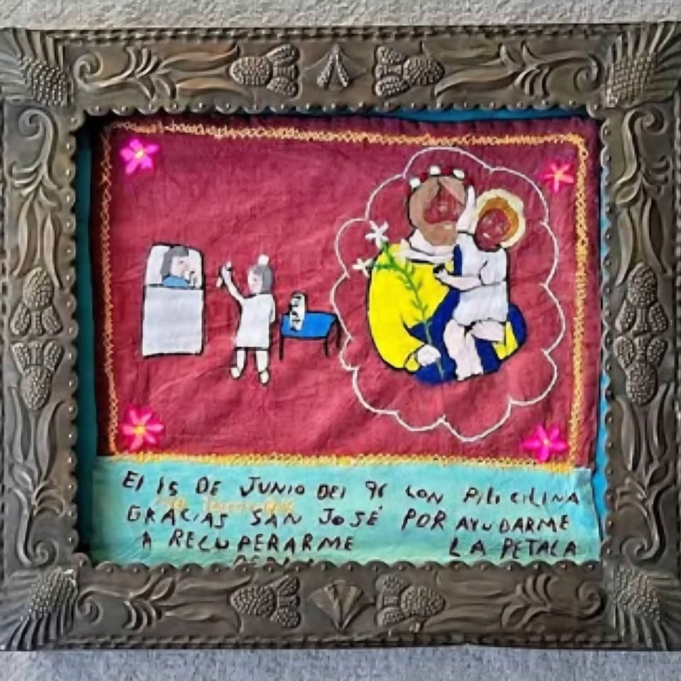 OUTSIDER FOLK ART. Embroidered Ex-votos IN ARTISTIC HAND PUNCHED TIN FRAME.