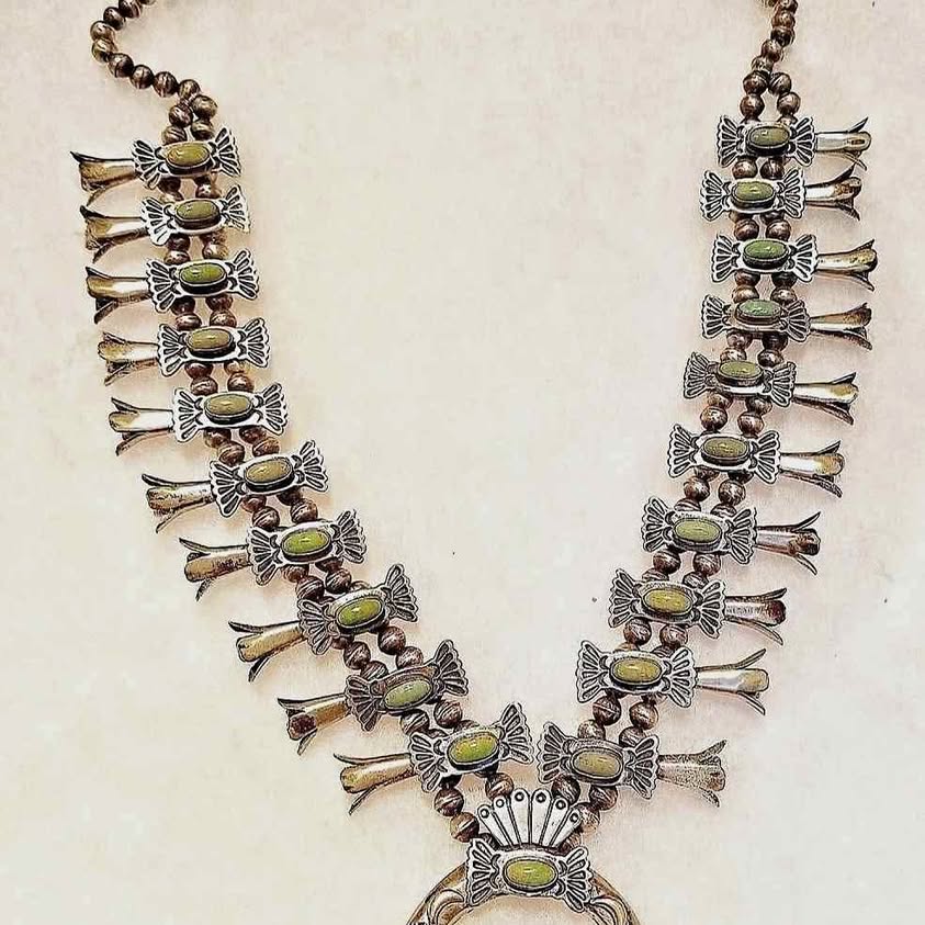 ONE OF A KIND. SQUASH BLSSOM Native American art Jewelry, SIGNED necklace with Nevada Turquoises.