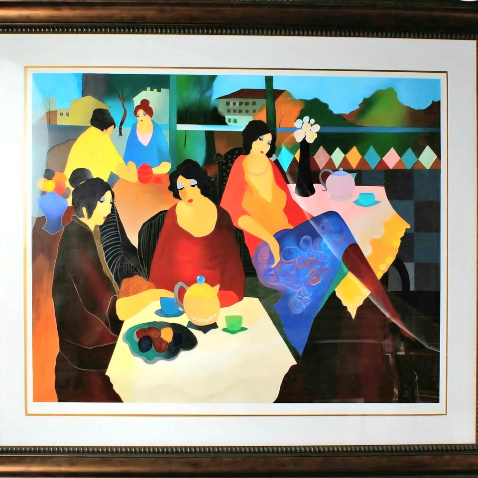 Stunning ! ITZCHAK TARKAY SERIGRAPH. Titled " TEA AMONGST FRIENDS " Framed, ready to hang.