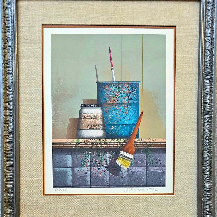 Signed lithograph titled "Paint Can and Brush" by artist James Carter.