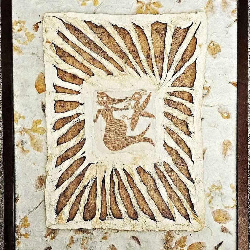 "The Love Story of the Murmaid and Bee" Bark hand made paper framed assembly.
