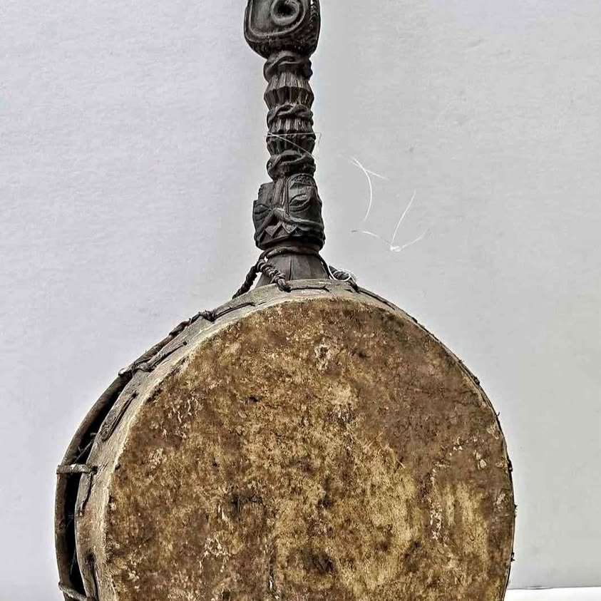 Antique Shaman Drum, DHYANGRO, Carved Wooden Handle, Nepal Himalaya, 19 Century.