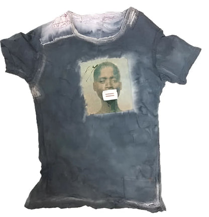 Distressed gray t-shirt with a portrait.