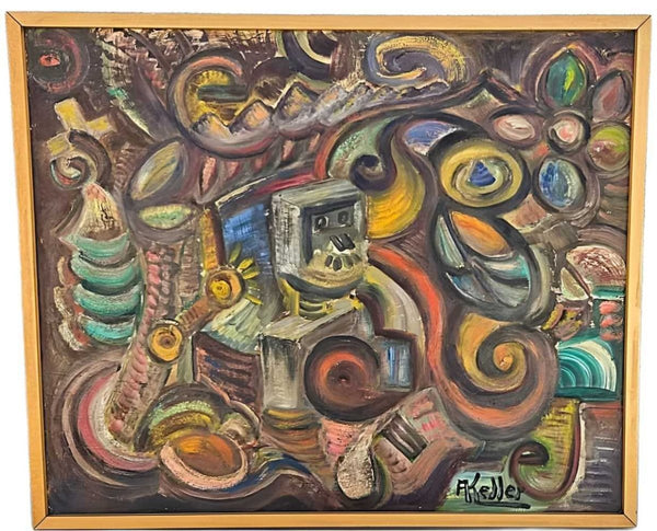 A. Keller 1970s Signed Abstract Acrylic Canvas - Re - psychles Vintage Shop & Art Gallery