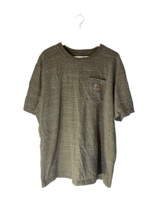A short-sleeved, olive green Carhartt t-shirt with a chest pocket.