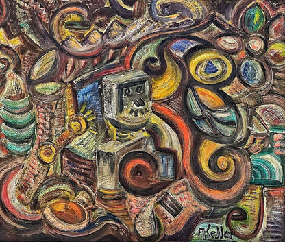 Abstract painting with a central, stylized robot-like figure.