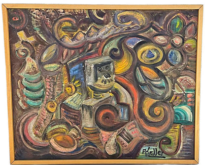 Abstract expressionist oil painting in a wooden frame.
