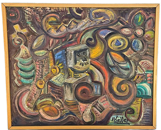 Abstract expressionist oil painting in a wooden frame.