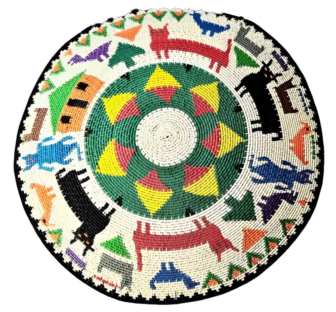 A round, intricately beaded decorative wall hanging or platter with a central geometric design and a border of colorful animal and abstract figures.