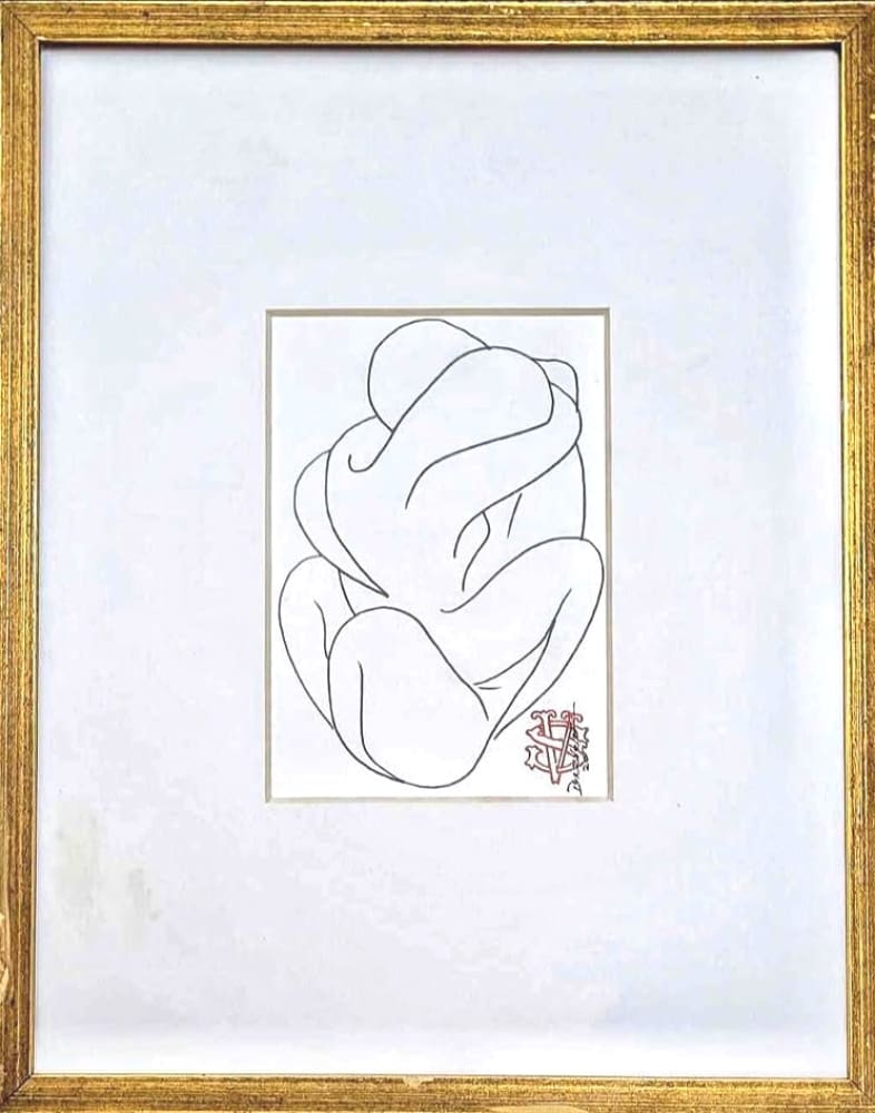 Framed line drawing of two embracing figures.