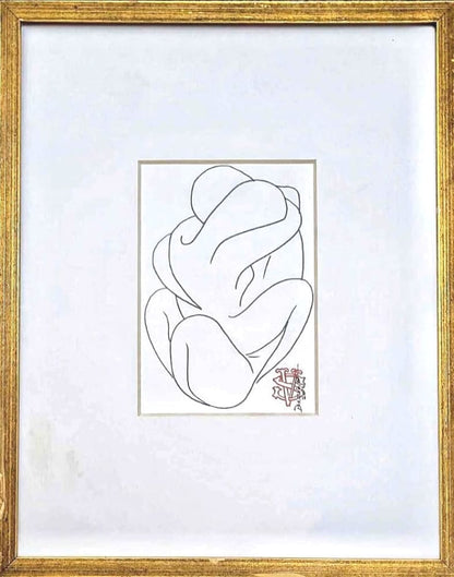 Framed line drawing of two embracing figures.