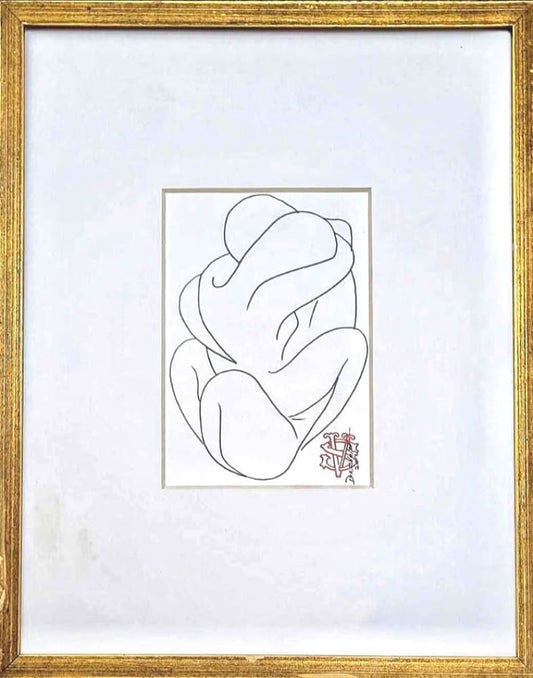 Framed line drawing of two embracing figures.
