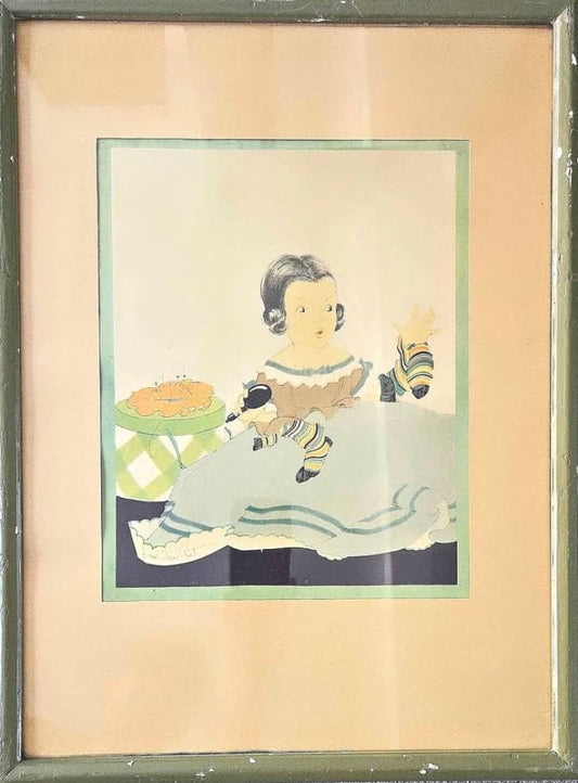 A framed illustration of a young girl knitting, featuring a muted color palette and a distressed green frame.