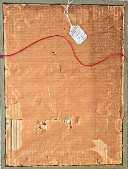 The back of a framed artwork with a damaged paper backing and a price tag.