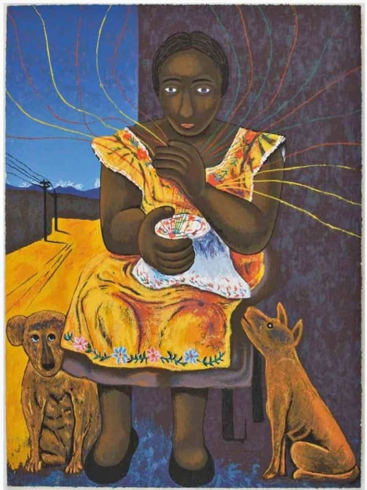 Painting of a woman holding a bundle with two dogs.