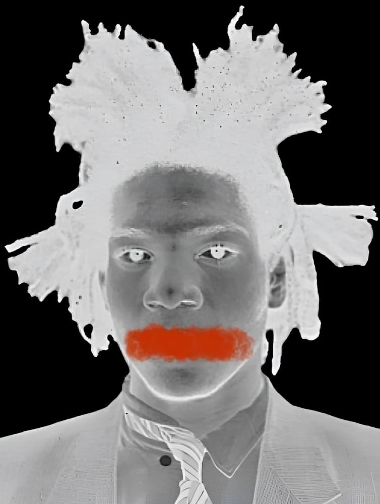 Negative portrait of a man with red paint over his mouth.