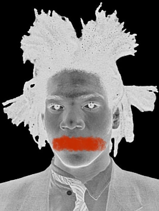Black and white inverted portrait of a man with red lips and spiky white hair.