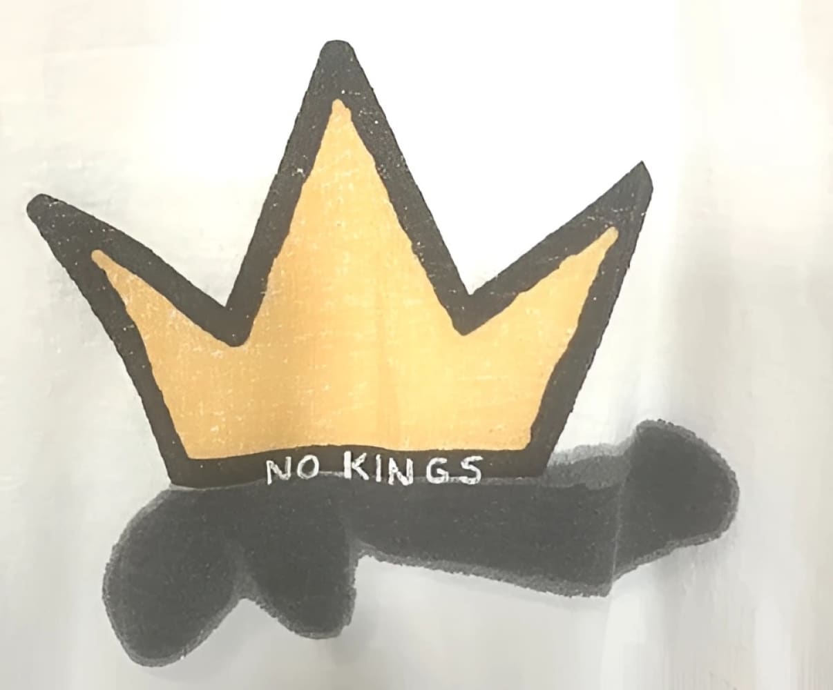 Gold crown with black ribbon and text ’no-kings’ on white background.