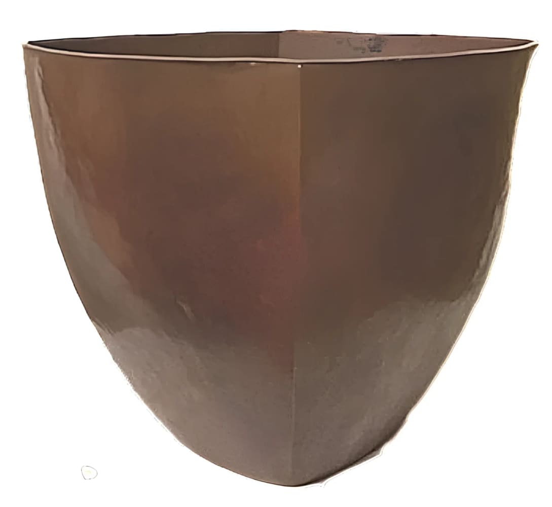 Brown, glossy, shield-shaped planter.