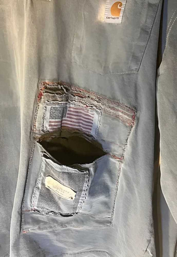 American Worker T-shirt on an Upcycled Carhartt Henley by h.m. Peavy - Re - psychles Vintage Shop & Art Gallery