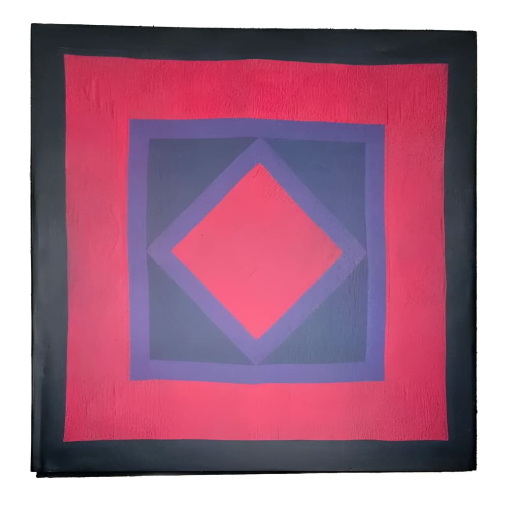 Abstract geometric painting with concentric squares and a central diamond in black, red, and purple hues.
